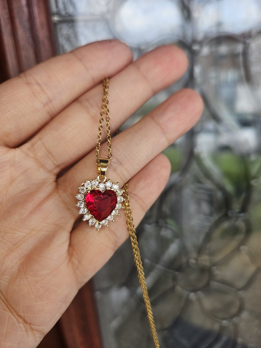 Gold Plated Heart Pendant Necklace with Red Crystal and CZ Halo